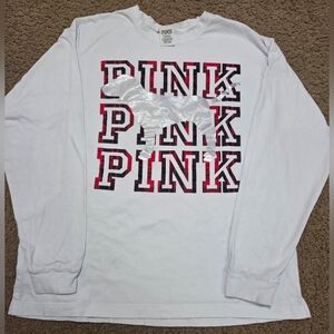 PINK Victoria's Secret Large Shiny Logo Plaid Spellout Long Sleeved Tee